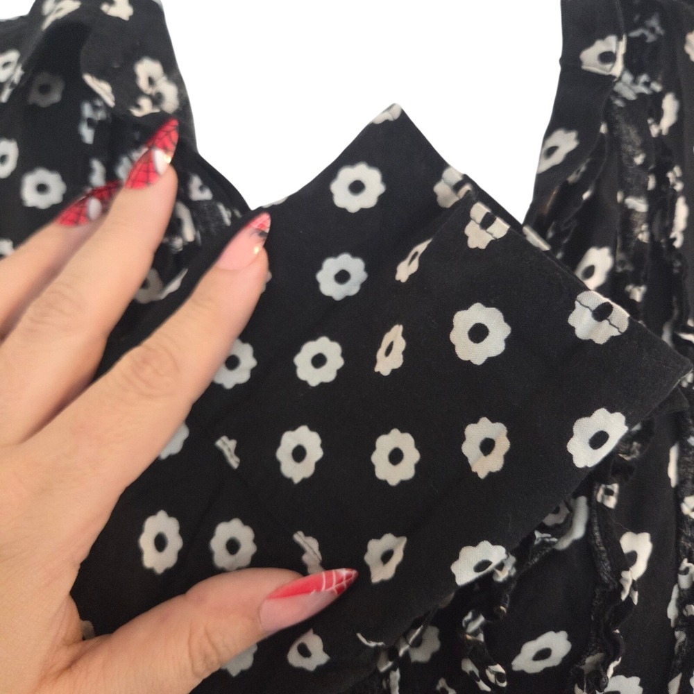 Maeve Anthropologie Black White Floral Ruffle Button Down Blouse Top Size 12 - Picture 3 of 8